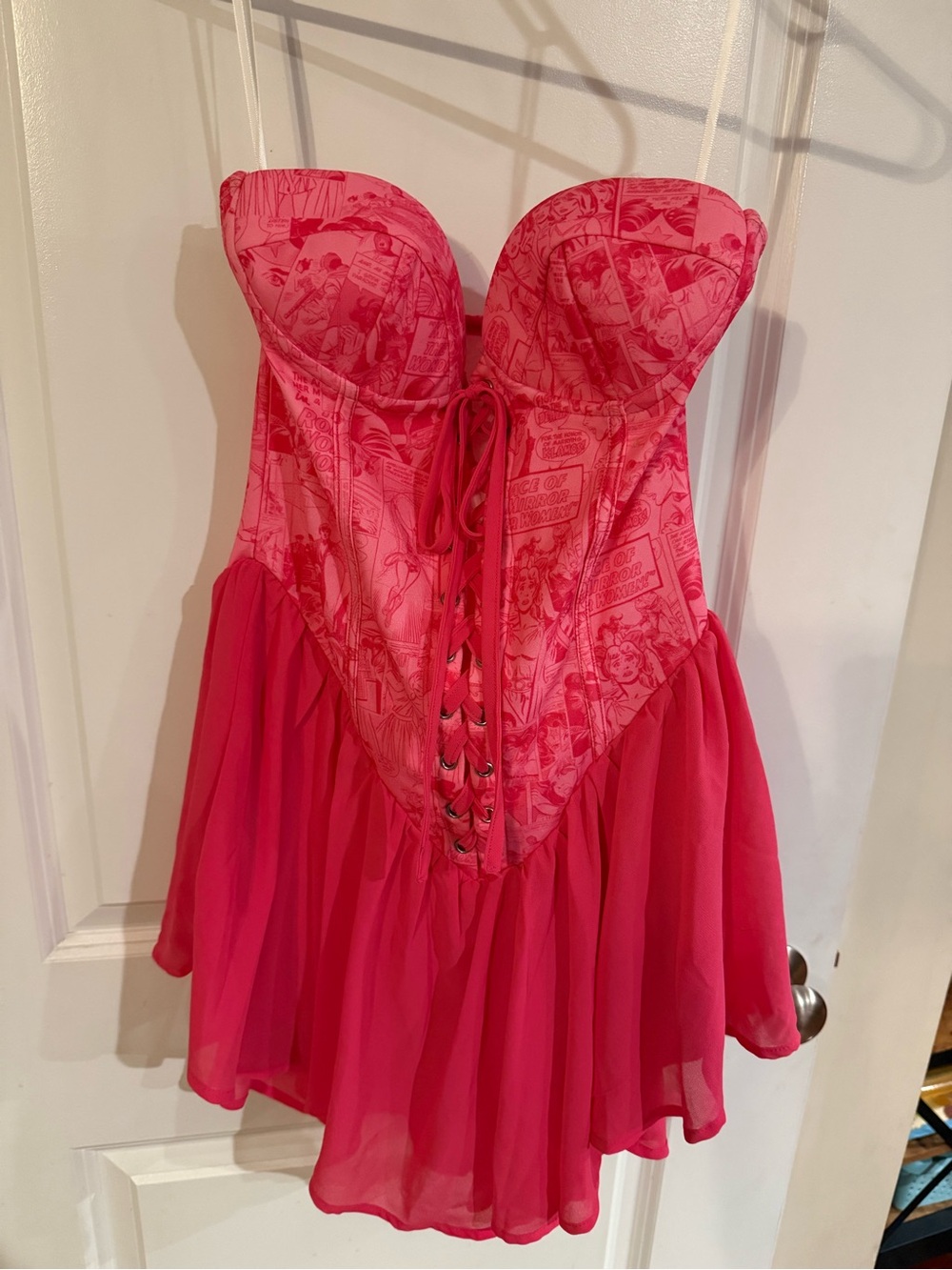 DC Hot Pink Strapless Lace-Up Wonder Woman Corset Chiffon Dress